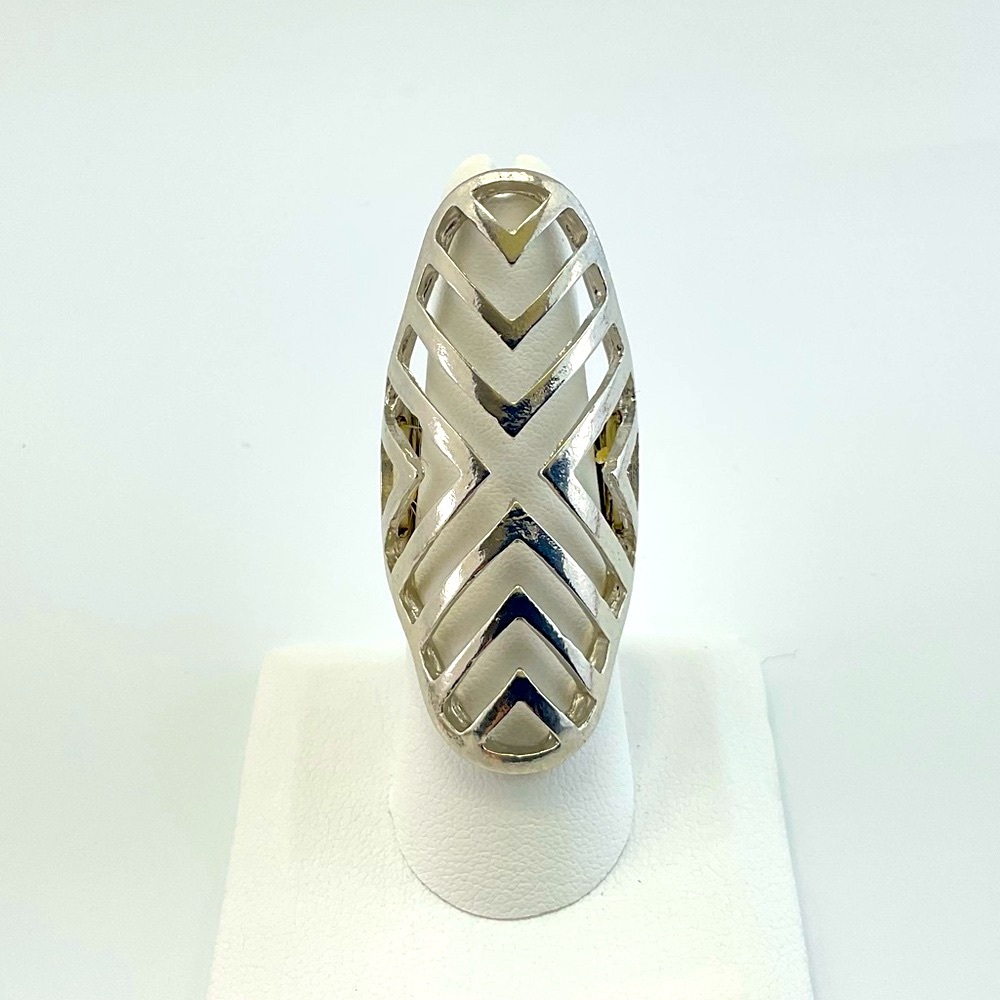 Silver Geometric Cocktail Ring, Stretch Statement… - image 1